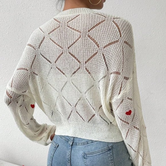 White Casual Womens Love Heart Embroidery Hollow Out Knitted Sweater - Picture 2 of 5